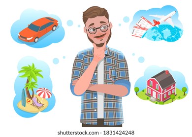 3D Isometric Flat Vector Conceptual Illustration of Man is Dreaming About Car, Sea Vacation, Trip Around the World and House.