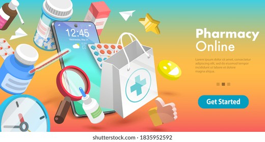 3D Isometric Flat Vector Conceptual Illustration Of Online Pharmacy Service, Mobile App.