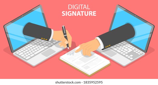 3D Isometric Flat Vector Conceptual Illustration of Digital Signature, Agreement or Legal Deal Online Signing.