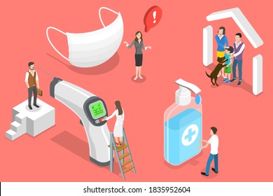3D Isometric Flat Vector Conceptual Illustration of Covid 19 Prevention Measures, Wear Medical Mask, Wash Hands, Check Temperature, Stay Home.