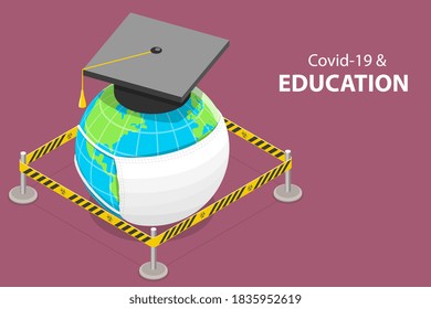 3D Isometrisches Flachbild-Vektordesign Conceptual Illustration of Impact of the COVID-19 Pandemic on Education, Online Learning.