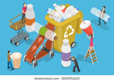 3D Isometric Flat Vector Conceptual Illustration of Collecting Plastic Trash into Recycling Garbage Bin, Polythene Disposable Garbage Problem.