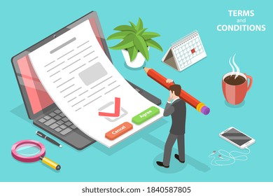 3D Isometric Flat Vector Conceptual Illustration of Terms and Conditions, Business Contract Review and Signing, Priviacy Policy.