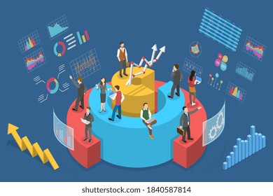 3D Isometric Flat Vector Conceptual Illustration of Statistics and Financial Data Analysis, People are Interacting With Graphs, Charts and Other Statistical Data.