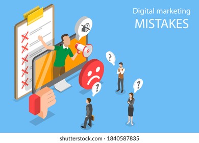 3D Isometric Flat Vector Conceptual Illustration of Digital Marketing Mistakes, Wrong Strategy, SEO Errors.