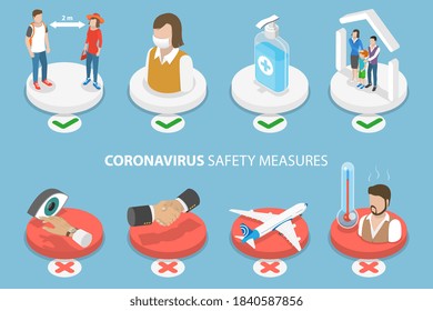 3D Isometric Flat Vector Conceptual Illustration of Covid 19 Safety Measures, Wear Medical Mask, Wash Hands, Check Temperature, Stay Home, Support 2 meter distance, not Touch Your Face, Stop Treveling