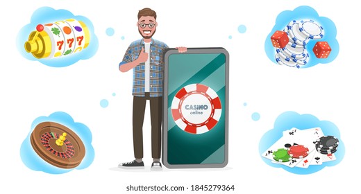3D Isometric Flat Vector Conceptual Illustration of Mobile Gambling Platform for Live Poker, Roulette, Slot Machine and Dices.