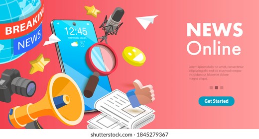 3D Isometric Flat Vector Conceptual Illustration of Online News App, Digital Worldwide Media.