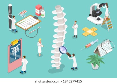 Ilustración conceptual de diagnóstico y tratamiento de trastornos espinales por vectores planos isométricos 3D.