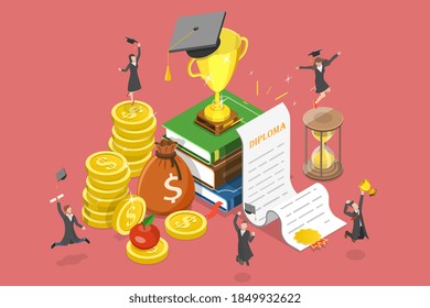 3D Isometric Flat Vector Conceptual Illustration of Money Savings for Study, Investment in Education, Scholarship.