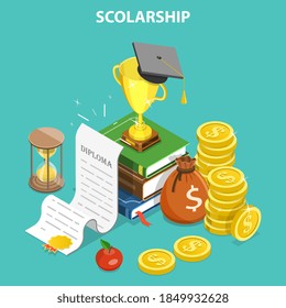 3D Isometric Flat Vector Conceptual Illustration of Scholarship and Investment in Education.