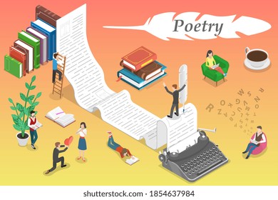 3D Isometric Flat Vector Conceptual Illustration of Poetry, Story Writing and Reading.