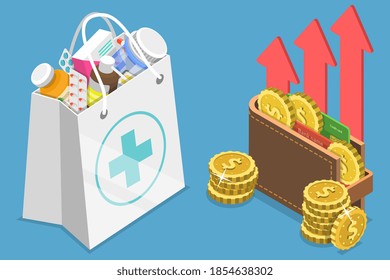 3D Isometric Flat Vector Conceptual Illustration of Rising Health Care Costs, Drugs Price Increase.