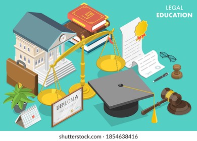 3D Isometric Flat Vector Conceptual Illustration of Legal Education, Learning Law.