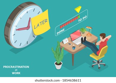 3D Isometric Flat Vector Conceptual Illustration of man Procrastinating at Work, Man is Relaxing at His Workplace and Delaying Tasks Until the Last Minute.