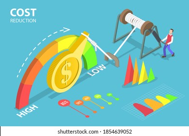 3D Isometric Flat Vector Conceptual Illustration Of Man Reducing Cost On Crank. Falling Rate Of Profit, Price Minimization, Dollar Rate Decrease Concepts.