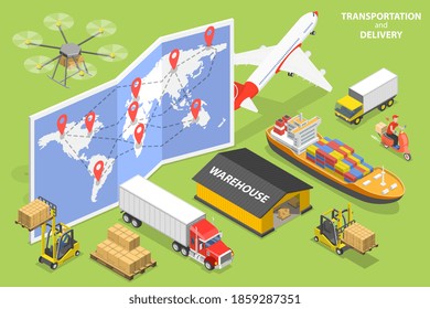 3D Isometric Flat Vector Conceptual Illustration of Logistics and Transportation, International Cargo Delivery.