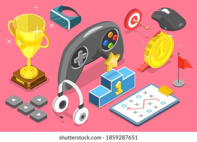 3D Isometric Flat Vector Conceptual Illustration of eSport Competition, Cybersport Training and Video Games.