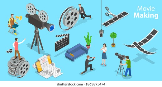 Isometric Flat Vector Conceptual Isometric Illustration of Movie Making Process.