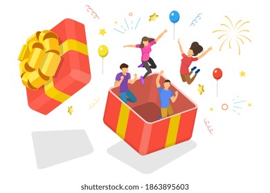 3D Isometric Flat Vector Conceptual Illustration of Surprise for Friend on Birthday. People are Jumping Out of the Gift Box.