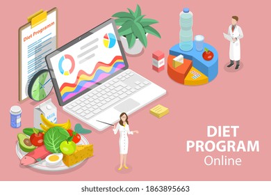 3D Isometric Flat Vector Conceptual Illustration of Online Diet Program, Professional Nutrition Consulting Service.