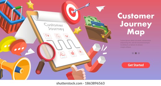 3D Isometric Flat Vector Conceptual Illustration of Customer Journey Map, User Buying Process, Store Promotion and Advertising, User Feedback and Retention.