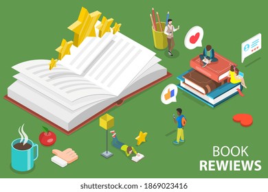 3D Isometric Flat Vector Conceptual Illustration of Literature Reviews, Book Readers Feedback.