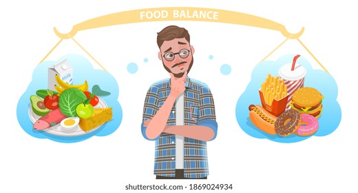 3D Isometric Flat Vector Conceptual Illustration of Food Balance, Man is Choosing Between Healthy and Unhealthy Food.