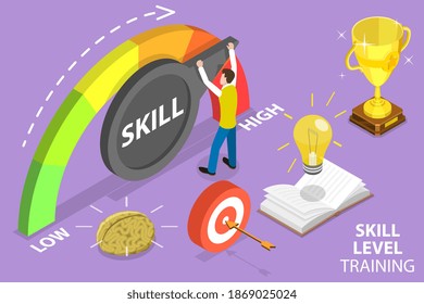 3D Isometric Flat Vector Conceptual Illustration of Skill Level Training, Skills Enhancement and Professional Development.