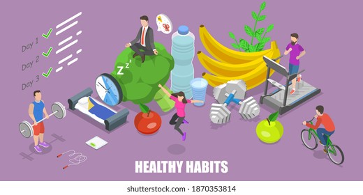 3D Isometric Flat Vector Conceptual Illustration of People with Healthy Habits.