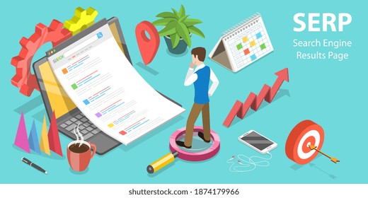 3D Isometric Flat Vector Conceptual Illustration of SERP - Search Engine Result Page.