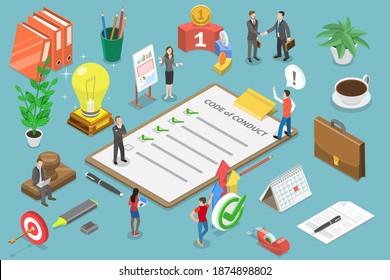 3D Isometric Flat Vector Conceptual Illustration Of Code Of Conduct, Business Ethics, Statement Of Ethical Values.