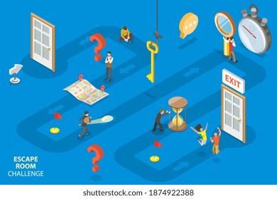 3D Isometric Flat Vector Conceptual Illustration of Escape Room Challenge, People with Flashlight, Map, Magnifying Glass are Searching the Exit.