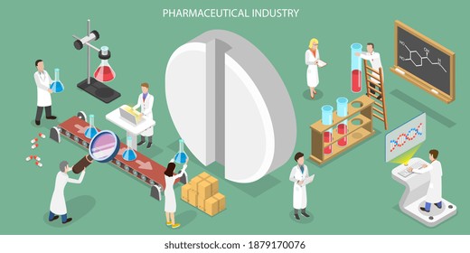 3D Isometric Flat Vector Conceptual Illustration of Pharmaceutical Industry, Medical Laboratory and Conveyor Belt Packing Drugs.