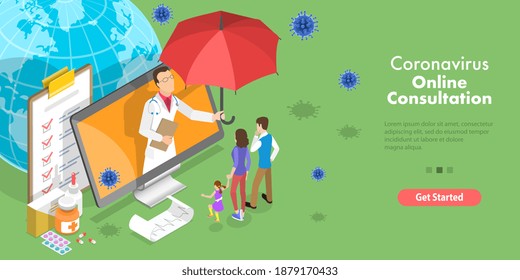 3D Isometric Flat Vector Conceptual Illustration of Coronavirus Online Consultation, Internet Medical Service, Telemedicine.