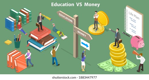 3D Isometric Flat Vector Conceptual Illustration Of Education VS Money, Investment In Learning And Development.