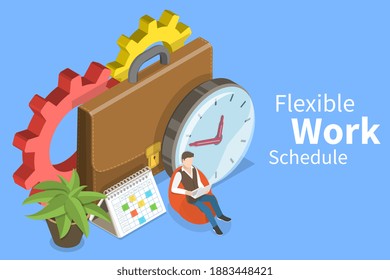 3D Isometric Flat Vector Conceptual Illustration Of Flexible Work Schedule, Part-time Job.