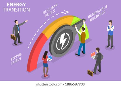 3D Isometric Flat Vector Conceptual Illustration Of Energy Transition, Structural Change In An Eenergy System From Fossil Fuels To Renewable Energy.