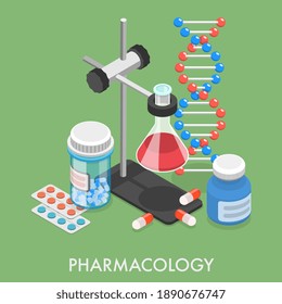 3D Isometric Flat Vector Conceptual Illustration of Pharmacology, Pharmaceutical Engineering and Drug Development.