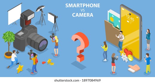 3D Isometric Flat Vector Conceptual Illustration of Smartphone VS Digital Camera.