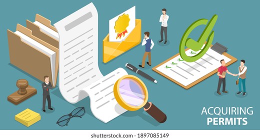 3D Isometric Flat Vector Conceptual Illustration of Acquiring Permits.