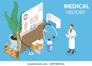 3D Isometric Flat Vector Conceptual Illustration of Mecial History, Health Record, Doctor's Prescription.