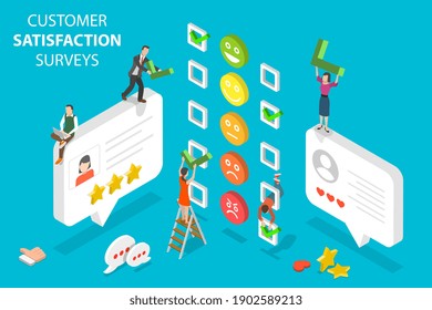 3D Isometric Flat Vector Conceptual Illustration of Customer Satisfaction Survey, Five Stars Rating, Positive Opinion and Review.