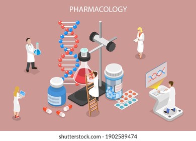 3D Isometrisches Flach-Vektorkonzeptuelles Illustration von Pharmakologie, Pharmakologie und Arzneimittelentwicklung.