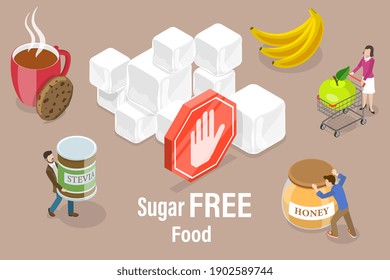 3D Isometric Flat Vector Conceptual Illustration of Sugar Free Food, Natural Sweeteners.