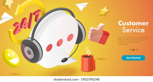 3D Isometric Flat Vector Conceptual Illustration of Customer Service, Call Center, User Support Hotline.