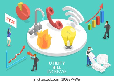 3D Isometric Flat Vector Conceptual Illustration of Utility Bill Increase.