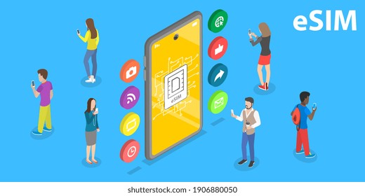 3D Isometric Flat Vector Conceptual Illustration of eSIM Card, Embedded Universal Integrated Circuit Card.