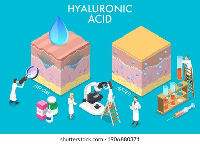 Ilustración conceptual del vector plano isométrico 3D de los colectores de ácidos hialurónicos en rejuvenecimiento facial, tratamiento del rostro envejecido.