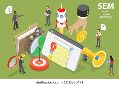 3D Isometric Flat Vector Conceptual Illustration of SEM - Search Engine Marketing.